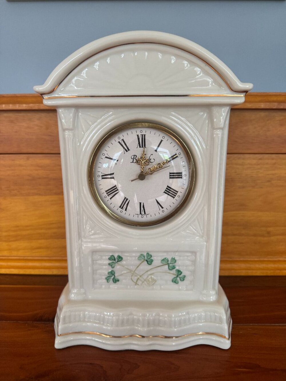 Belleek Porcelain Shamrock Mantel Clock – Vintage Made in West Germany 9.5" x 4"